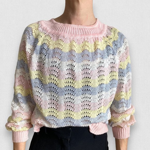 Vintage Pink Pastel Lace Knit Cottage Raglan Long sleeve Sweater - Picture 1 of 4
